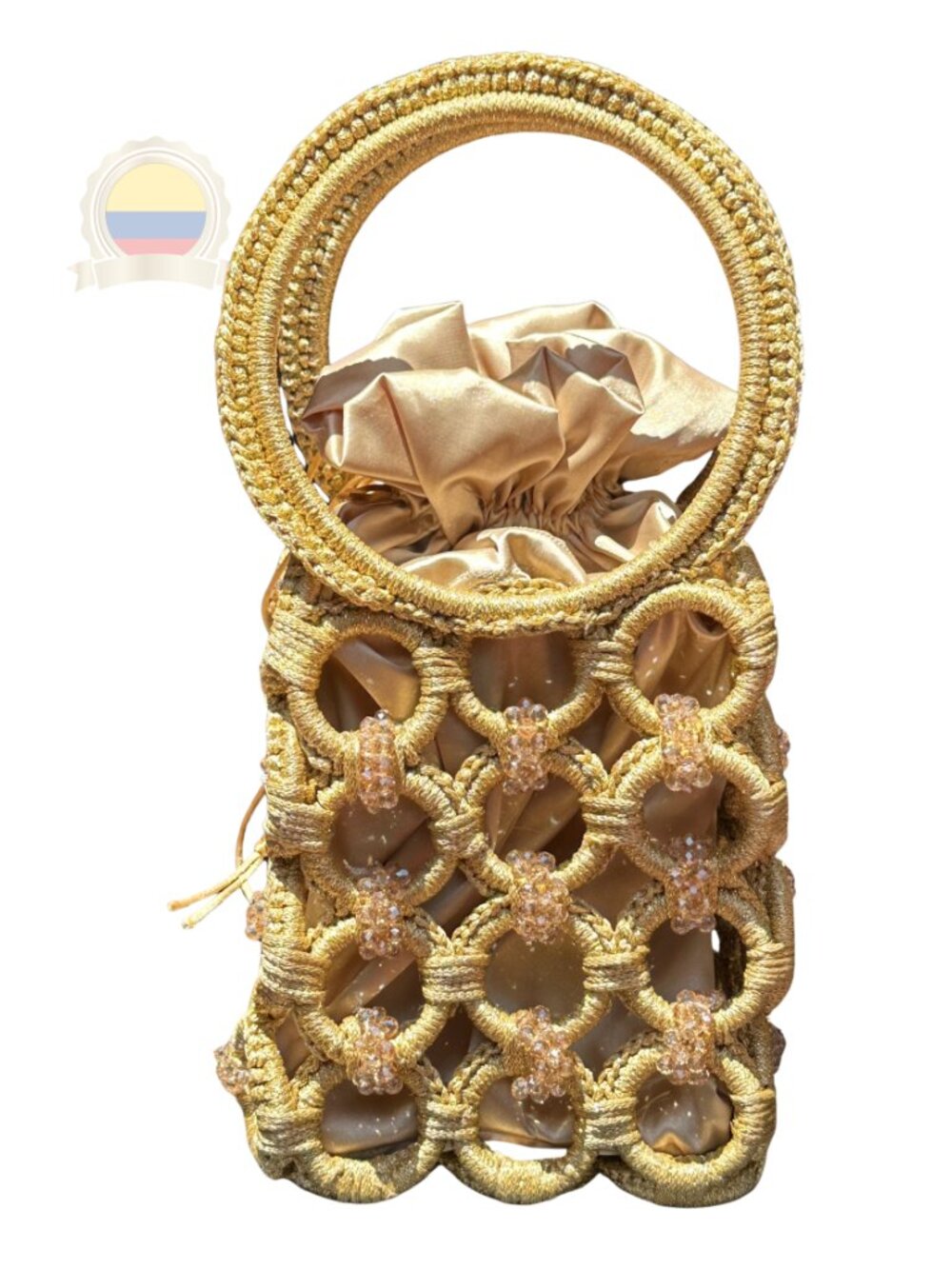 NEW Colombian Gold Metallic Purse Handmade Crystal Beaded Circle Handle Muisca - Picture 2 of 9